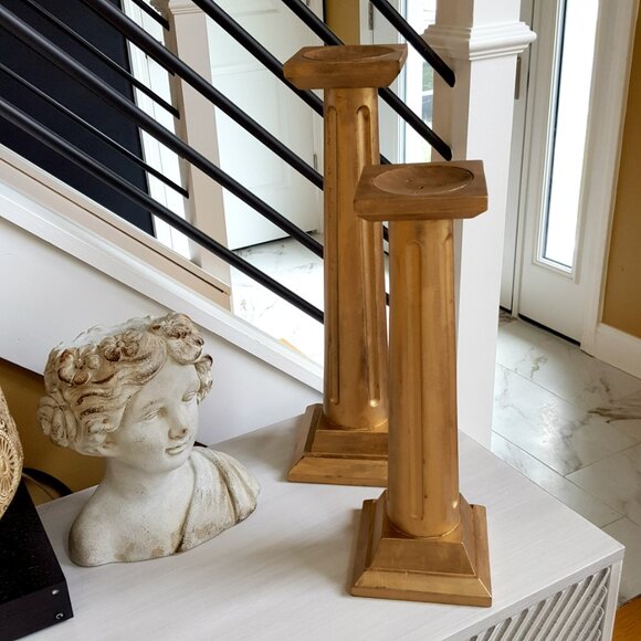 BOHO Farmhouse BRUSHED Gold WOOD CANDLE HOLDERS - Picture 2 of 5